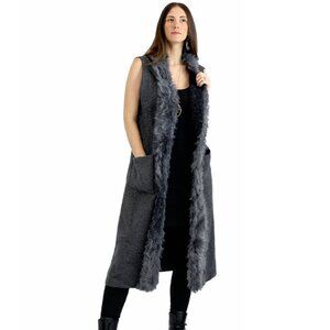 Luxurious Faux Fur Trimmed Long Vest Dark Grey with Pockets Cardigan NWT
